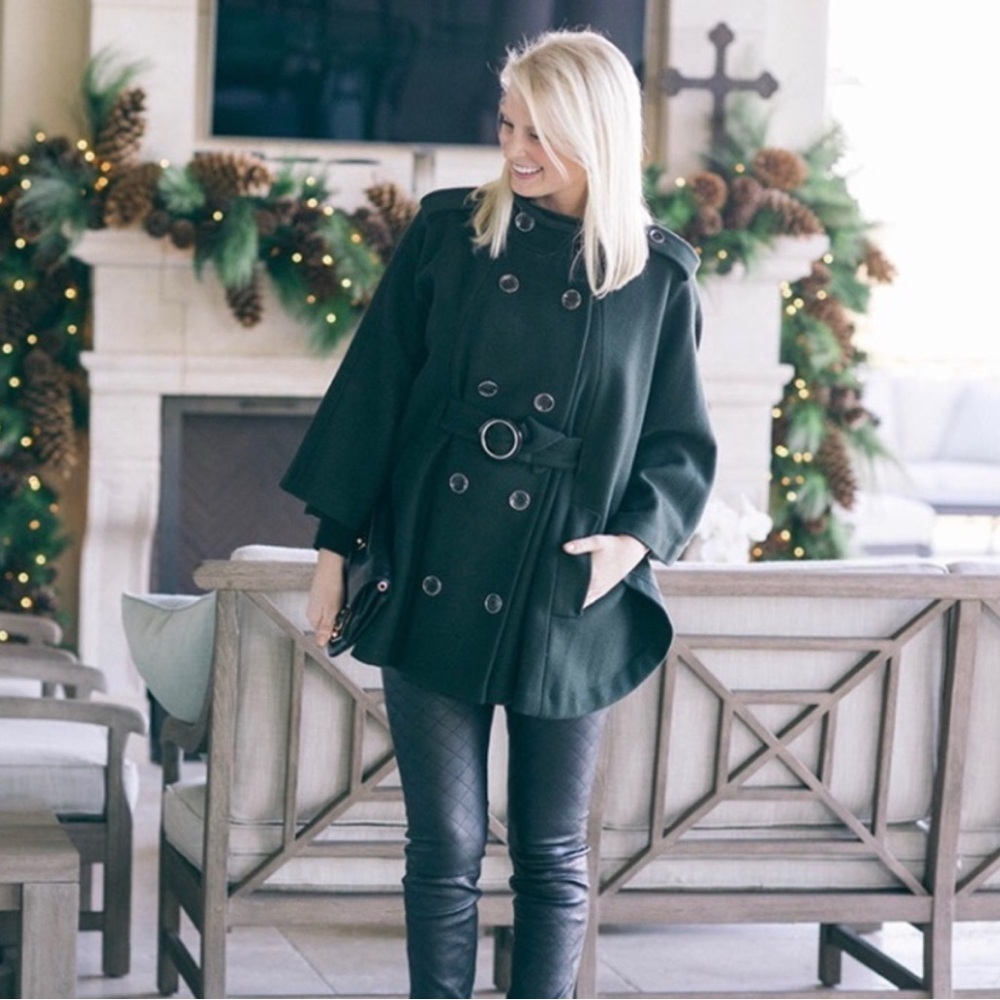 Rare‎ Rachel Zoe 100% Wool Cape Coat M/L Dark Green